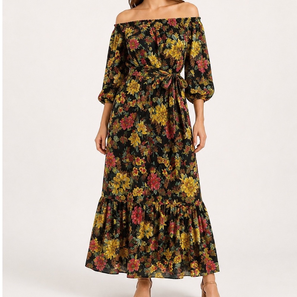 Unique Vintage Floral Off The Shoulder Maxi Dress boho retro S autumn wedding